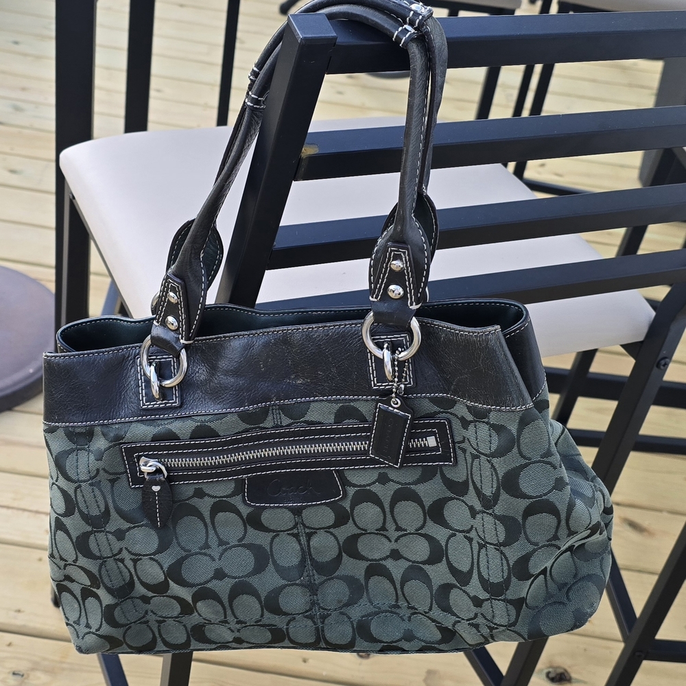Coach Penelope Satchel Black and Green Signature Shoulder Bag